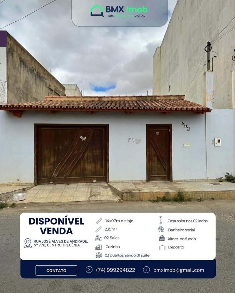 VENDE-SE IMÓVEL EM IRECÊ-BA📍 Rua José Alves de Andrade, nº 776, Centro ▪️ TAMANHOS- ▫️ Área tot